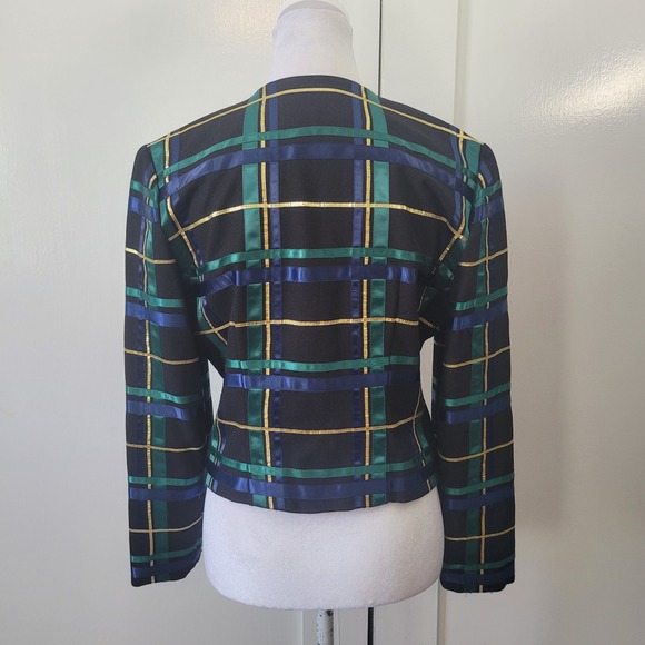 Talbots Womens 6P Evening Jacket Black Green Blue Ribbon Plaid Metallic Gold - Picture 6 of 7